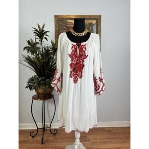 Chic Collection Women Tunic Dress Red And White 3/4 Sleeve Embroidered Boho